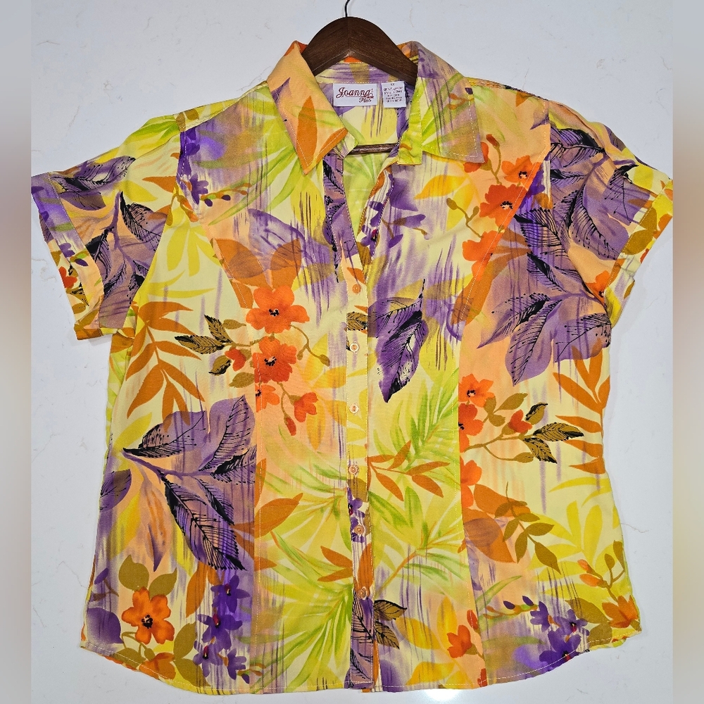 Vintage Joanna PLUS 80S 90S Y2K Floral Yellow & Purple Blouse Womens Size 1X‎